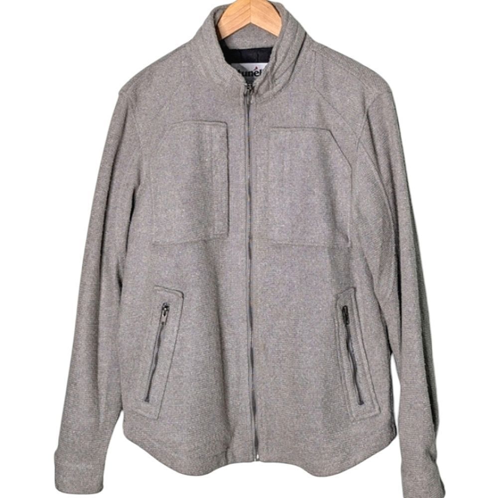 tunellus Grey Tweed Zip Up Sweater Jacket Hidden Hood size Men's L